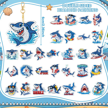 Huquary 30 Pcs Summer Diamond Art Keychains Shark Diamond Art Kits for Aldults Double Sided 5d Rhinestones Ocean Animal Beach Hanging Key Chains Ornaments for Beginners DIY Crafts Party