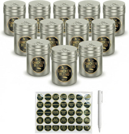 12-pack 6oz Set -192 CUSINIUM Metal Seasoning Containers with Adjustable Lid Labels + Marker - Spice Jars Organizers