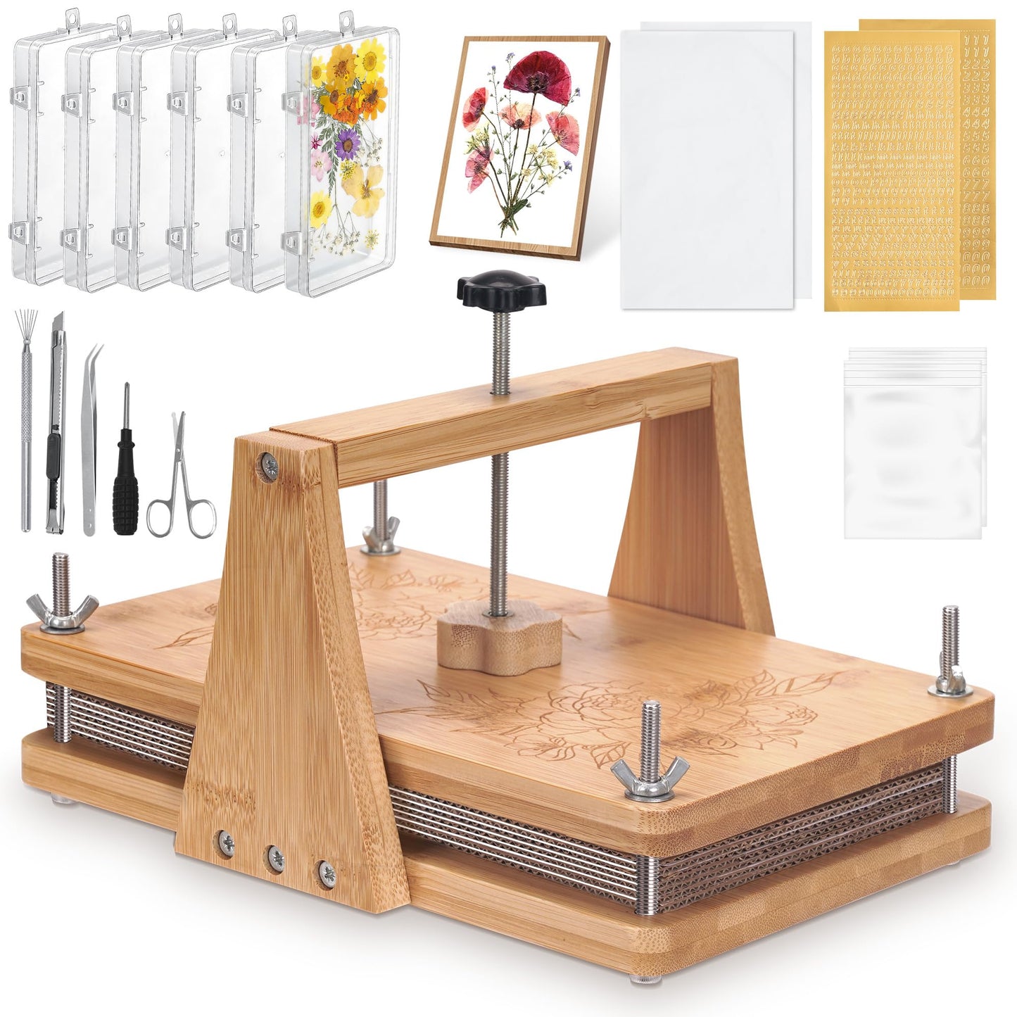 MLLNFUE Large Wooden Flower Press Kit, 11" x 8" Multi-Layer Plant Press for Dried Flowers, DIY Botanical Art and Craft Tool