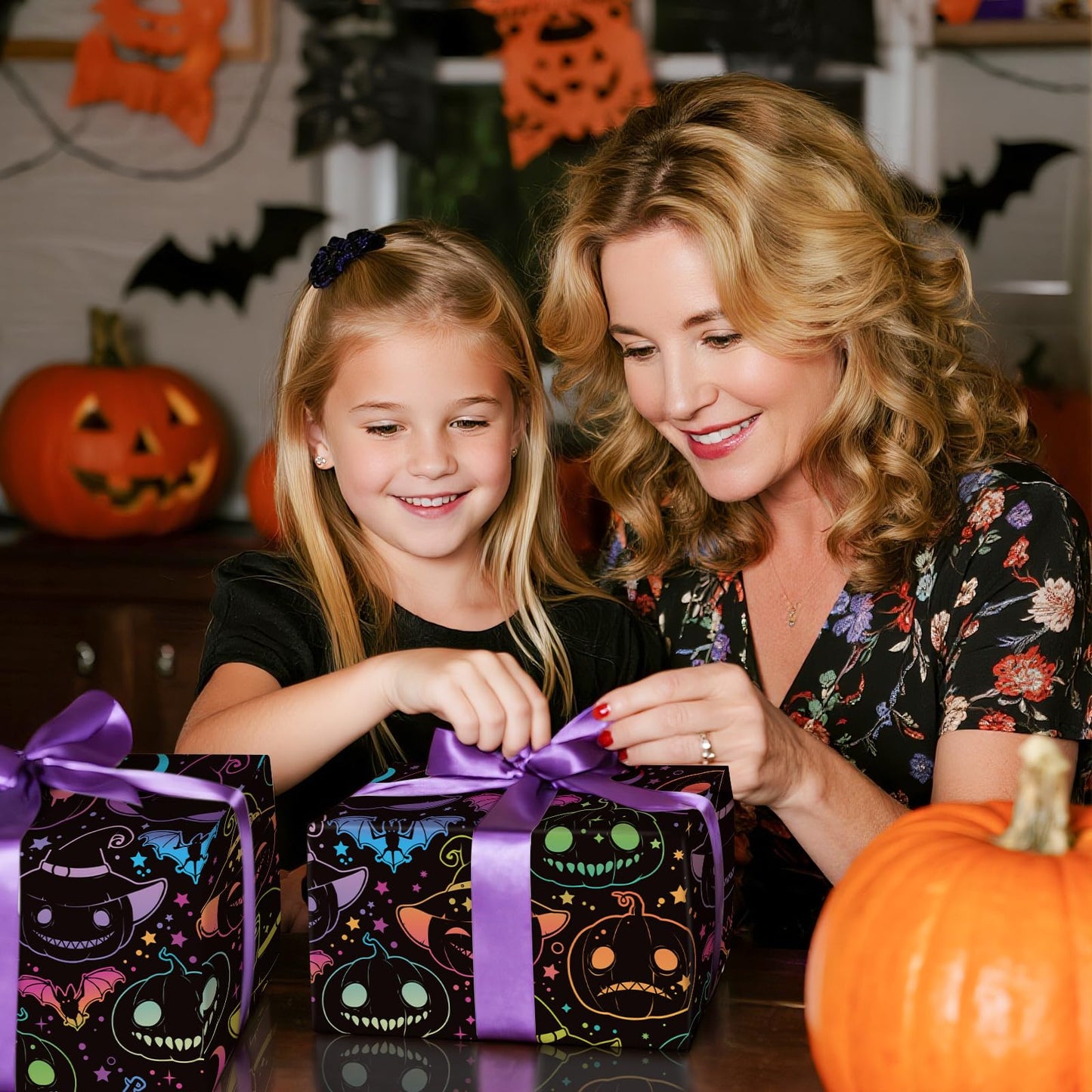LeZakaa Halloween Pumpkin Wrapping Paper Roll, 13" Gift Bag with Tissue Paper, Gift Tag, and Card, Evil Pumpkin Fluorescent Black Design for Halloween, Holidays, Party