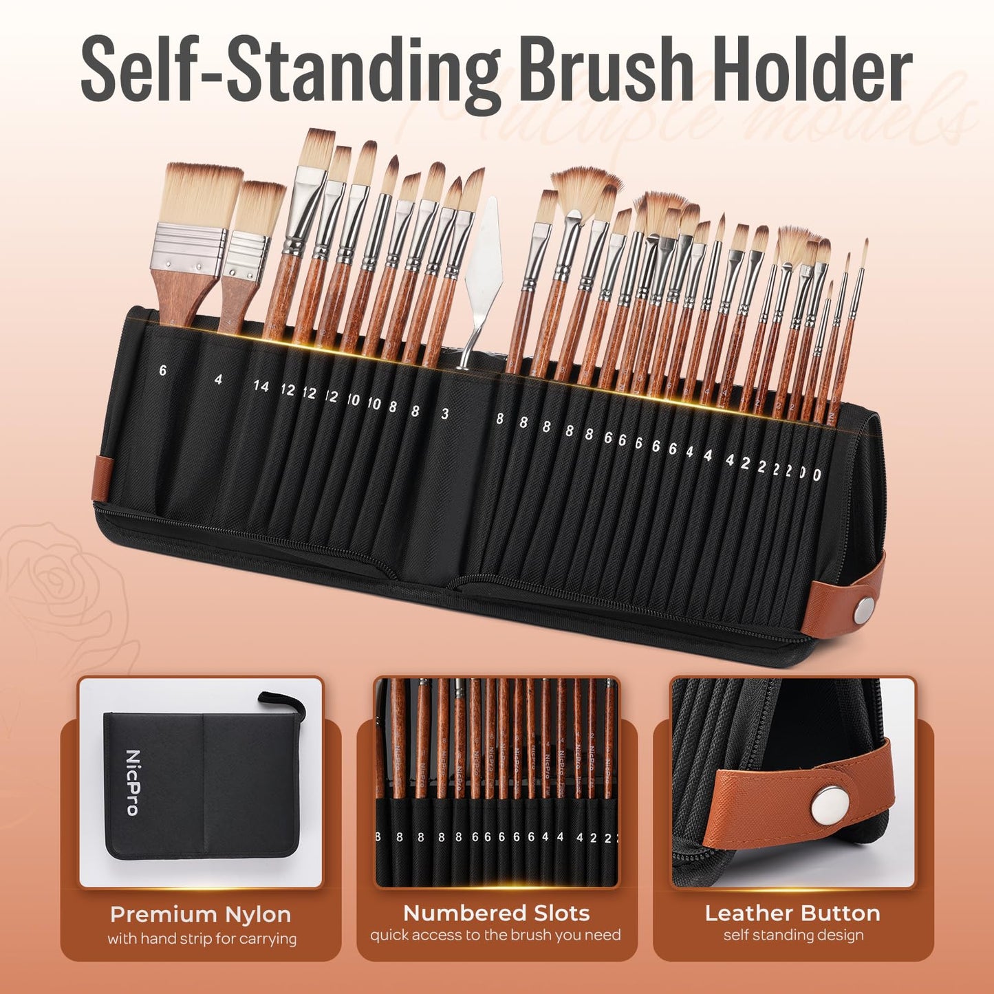Nicpro 30pcs Paint Brush Set, Professional Paintbrushes with Paint Spatula & Self-Standing Case, Craft Paint Brushes for Acrylic Painting, Oil, Watercolor, Gouache, Art Supplies for Artists Beginners