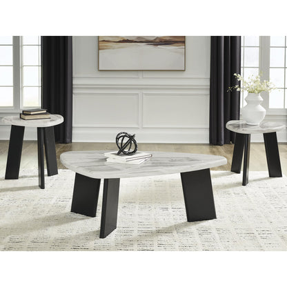 Signature Design by Ashley Lilyberg Contemporary Table with Faux Marble Top, Set of 3, Light Gray & Black