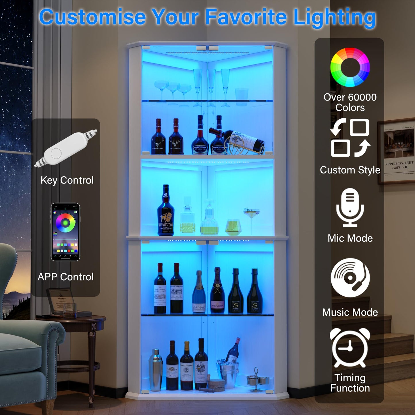 kepptory 71.6" Corner Display Cabinet with LED Lights, 5-Tier Tall Curio Cabinet with Adjustable Glass Shelves&Glass Door, Wine Cabinet for Living Room, Home Bar (White, 25.2''x21.6''x71.6'')
