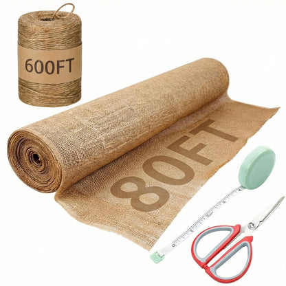 Tegeme 40 Inch x 80 ft Burlap Fabrics Roll with 600 ft Natural Jute Twine Rope Burlap Tree Wraps Protector Winter Frost Plant Blankets Cloth Weed Barrier for Outdoor Garden DIY Craft Party