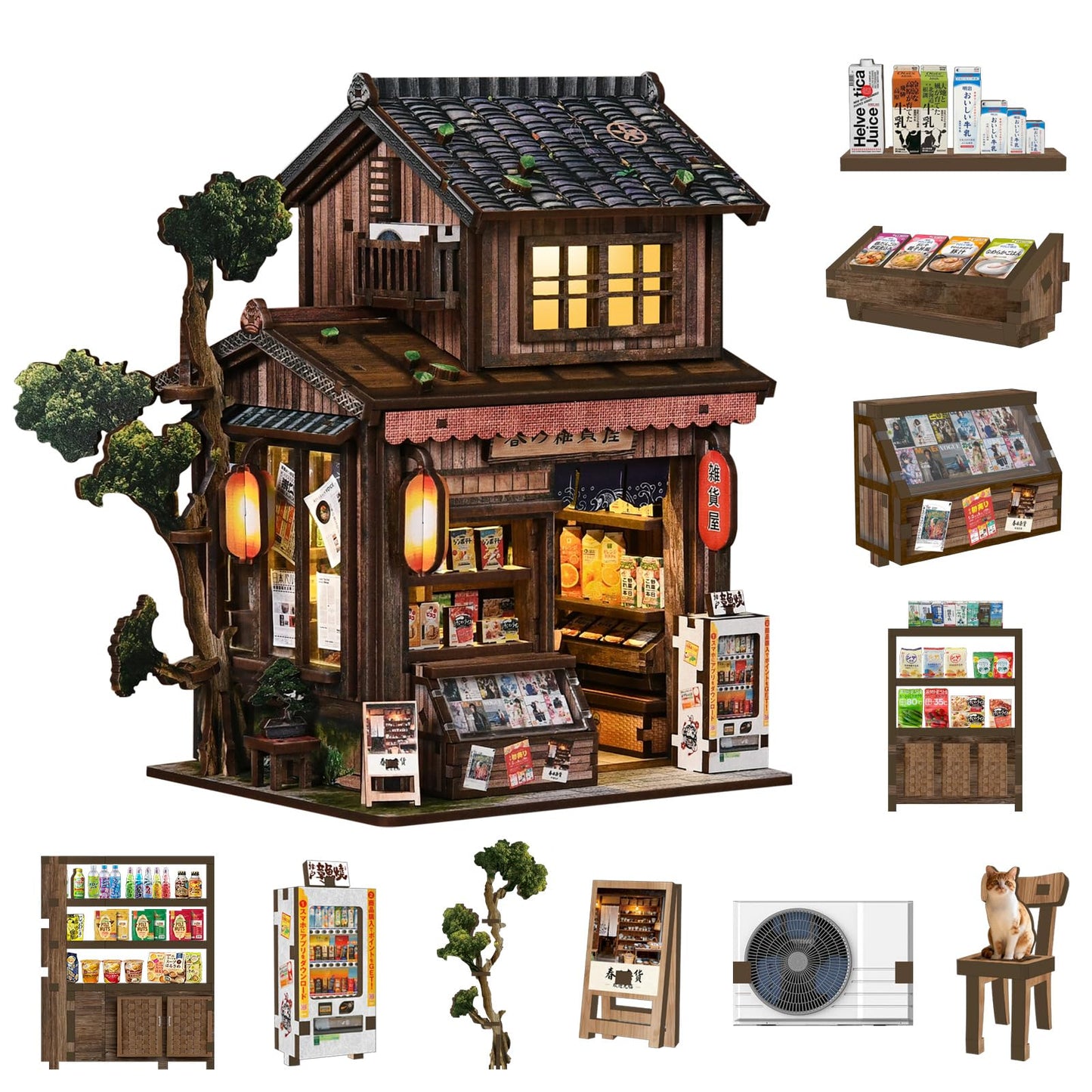 BETESINE Book Nook Kit for Adults 14+, Japanese Miniature House with LED Light and Dust Cover, DIY 3D Wooden Puzzle Bookshelf Insert Decor, Creative Craft Gift for Teens and Book Lovers