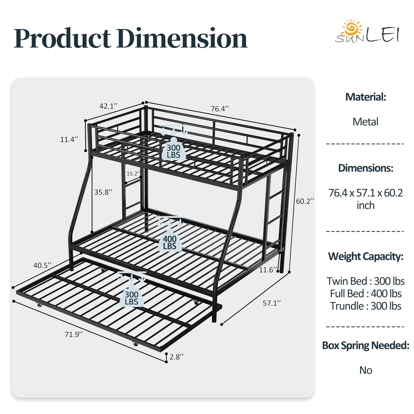 SUNLEI Twin Over Full Bunk Beds with Trundle, Heavy Duty Metal Triple Bunk Bed Frame, 3 Beds Space Saving Bunk Bed with Guardrails & Ladder, No Box Spring Needed, for Kids Teens Adults Bedroom, Black