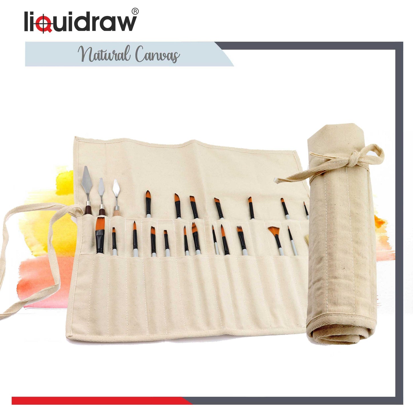 Liquidraw 30 Pocket Canvas Paint Brush Holder - Natural | 21" x 18" | Roll Up Brush Storage Pouch | Ideal Case for Paintbrush & Art Tool Storage | Easy to Carry | Also Great for Storing Makeup Brushes