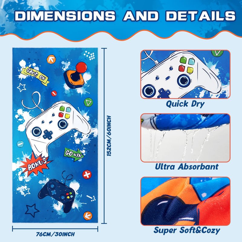 WERNNSAI Game Kids Beach Towel for Boys - 30” x 60” Quick Dry Sand-Free Swim Towels for Boys Super Soft Absorbent Towel, Pool Camping Travel Bath Towel for Outdoor Sports Picnic