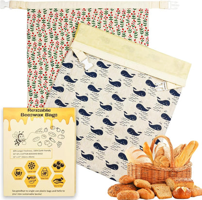 13x17in (2 Pack) Reusable Beeswax Bread Bags for Homemade Sourdough: XL Eco-Friendly Plastic-free Food Storage |