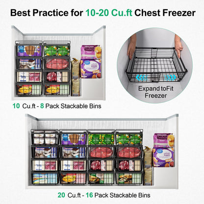 iSPECLE 4 Pack Freezer Organizer Bins - Fit 10 to 20 Cu.Ft Deep Freezer, Expandable Wire Storage Chest Freezer Baskets for Frozen Food, Stackable with Handles, Black