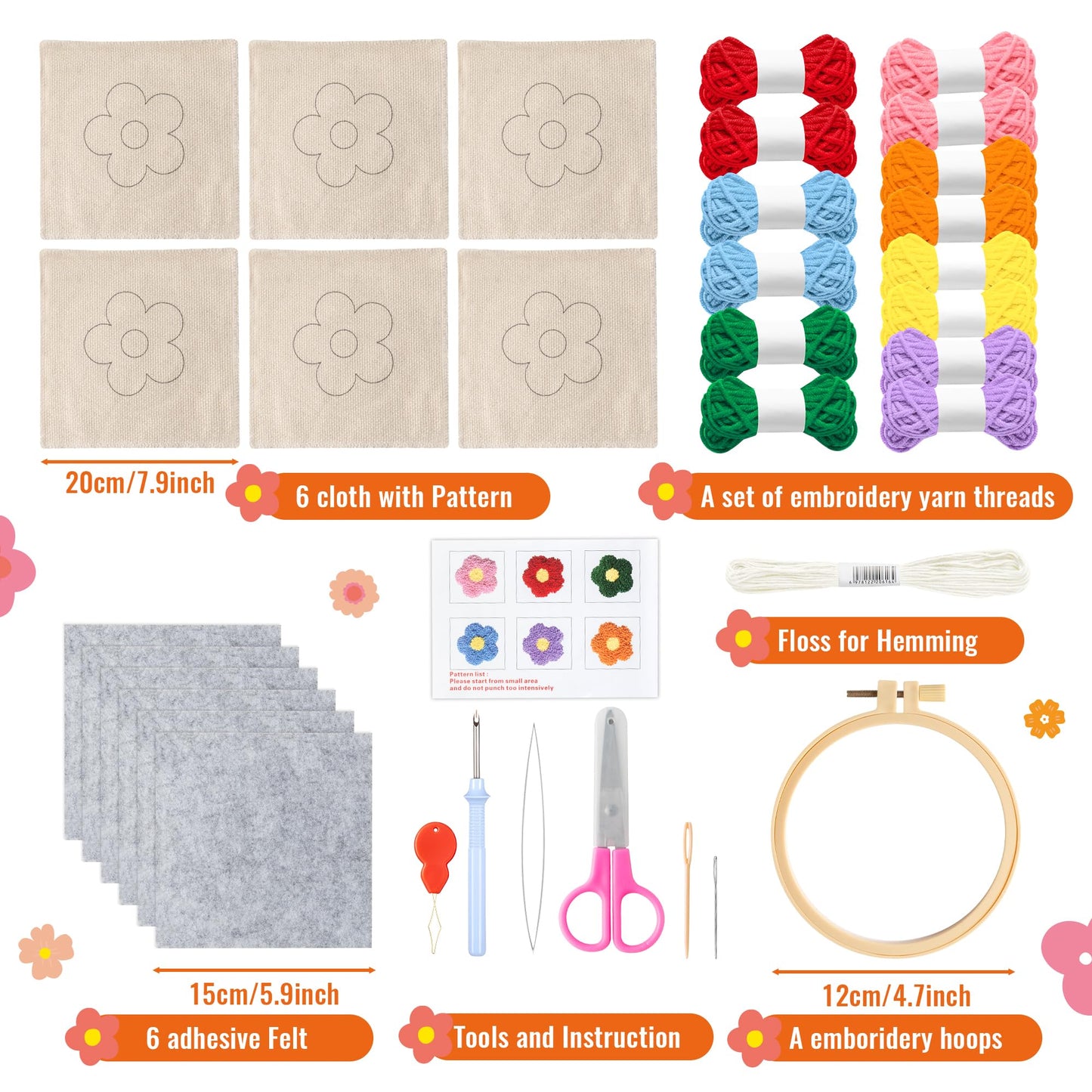 WATINC Flower Punch Needle Coaster Kit - 22Pcs Crafts Punch Needle Coasters Kits for Beginners, Flower Patterns Tufted Rug Pads with Adhesive Felt Yarns Embroidery Hoop Instruction