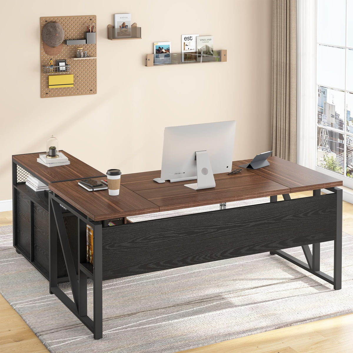 Tribesigns Office Desk with Drawers Sets, 63 inches L Shaped Computer Desk with Mobile File Cabinet,Big Executive Desk for Home Office Furniture Sets (Dark Brown, 63-inch)