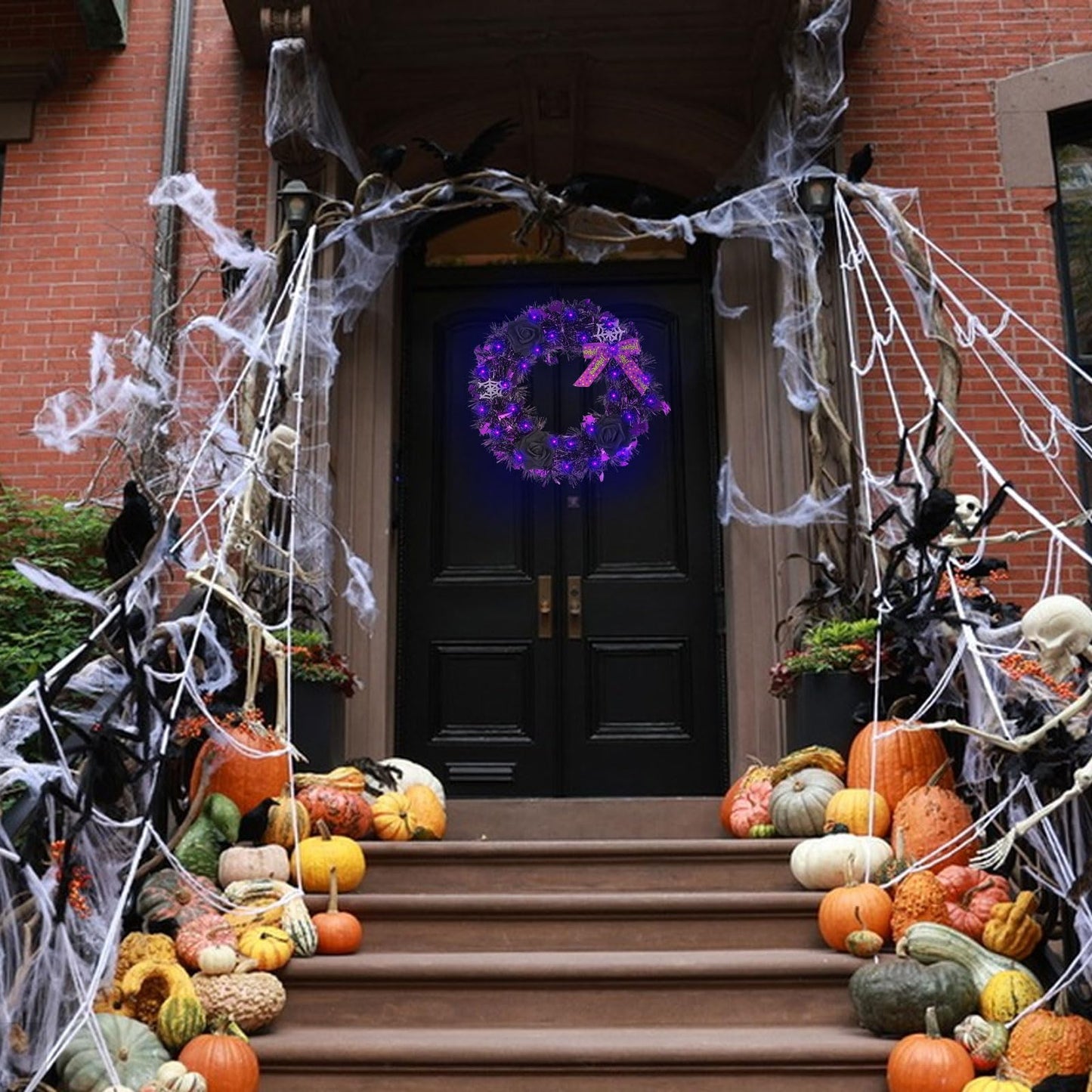 Halloween Wreath for Front Door with Lights,13 Inch Spider Web and Black Rose Wreath Halloween Decorations for Indoor Window Party Holiday Wall Home Decor (Spider Web)