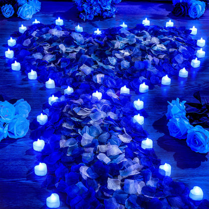 VIHOSE 4000 Pcs Artificial Rose Petals with 24 Pcs LED Tea Lights Candles Flameless LED Candles Fake Rose Petals for Wedding Birthday Party(Blue Light, Vivid Color Petal)
