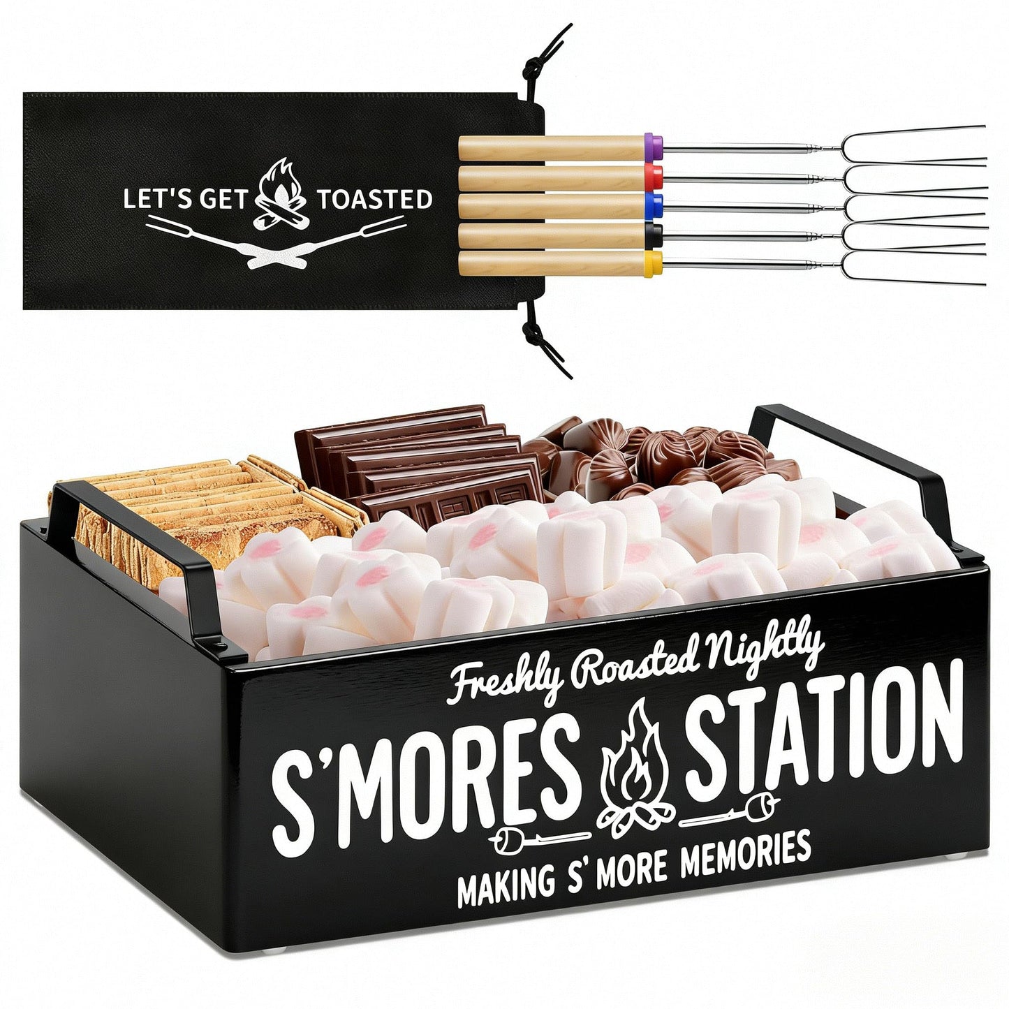 Farmhouse Smores Station, Wooden Smores Caddy with Handles, S'Mores Bar Holder with 5Pcs Extendable Smores Sticks, Smores Maker Box for Smores Kit, Outdoor Fire Pit Camping Essentials Cooking (Black)