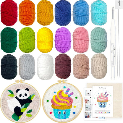 HAND U JOURNEY Punch Needle Beginner DIY Kit – 18 Colors Yarn, 2 x 8.4 Hoops with Panda & Cupcake Patterns, Punch Tool, Skill Guide, and 1 Blank Monk's Cloth for Creative Embroidery Craft