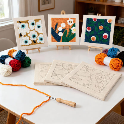 WATINC Punch Needle Kit with Frame for Beginners - 8Pcs Floral Easy Art Work Decor Craft Supply for Beginners, DIY Set of 3Flower Pattern Tufted Rug Pads with Adhesive Felt Yarns Embroidery, Tools Instruction for Adult Christmas Birthday Gift Supplies