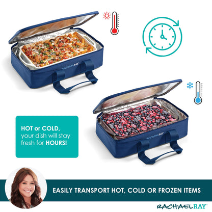 Rachael Ray Lasagna Lugger, Thermal Insulated Casserole Carrier for Hot or Cold Food, Lugger Tote for Potluck, Parties, Picnic, and Cookouts, Fits 9" x 13" Baking Dish, Navy Gingham