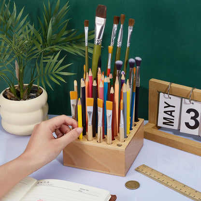 twinklemon Beechwood Paint Brush Holder 42 Holes Paint Brush Storage Organizer Paintbrush Holder Organizer Wooden Block Pencil Holder for Makeup Brushes Pens and Art Tools