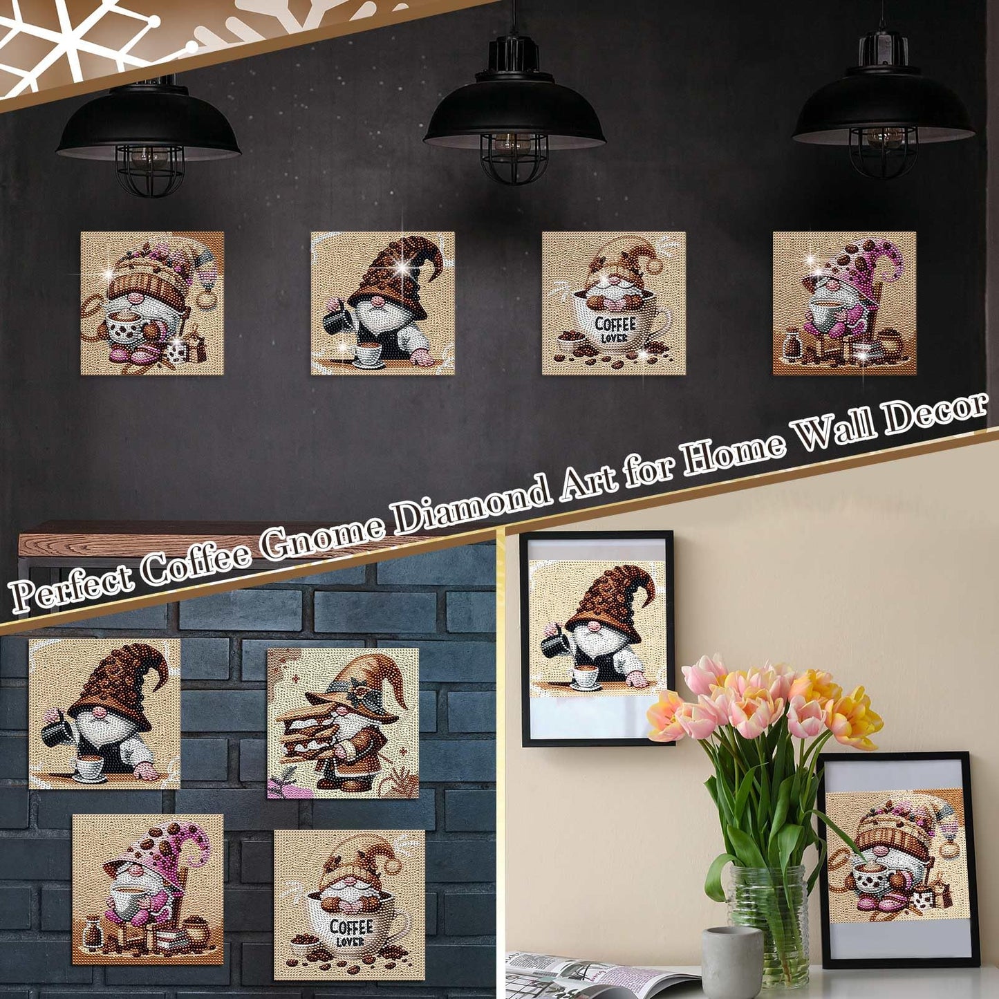 TecUnite 9 Pcs Coffee Gnomes Diamond Painting Art Diamond Painting Kit for Beginners DIY Rhinestone Gem Crafts for Christmas Home Wall Decor 6 x 6 Inch