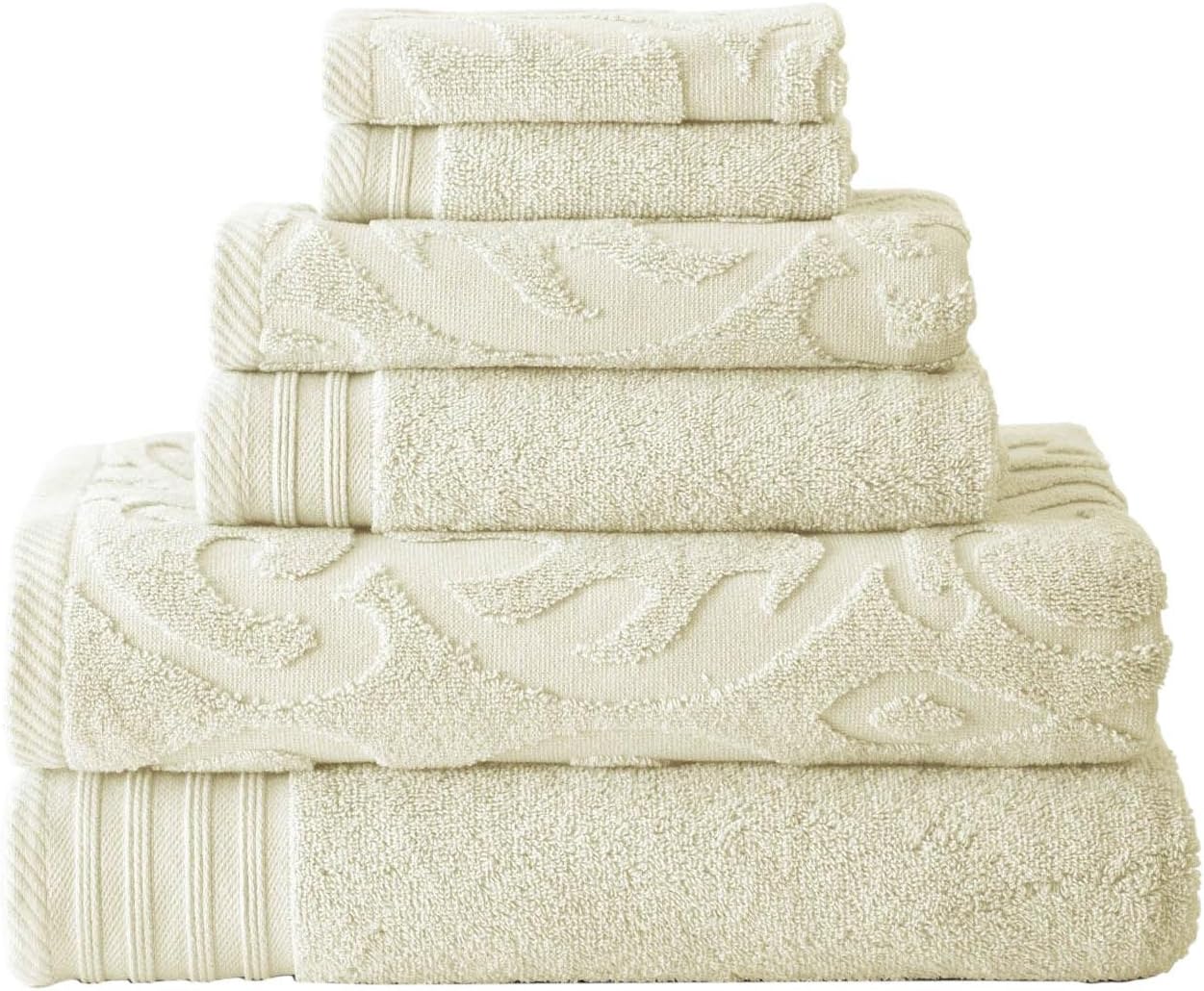 6 Set-Medallion Modern Threads Piece Jacquard/Solid Towel Swirl Ivory