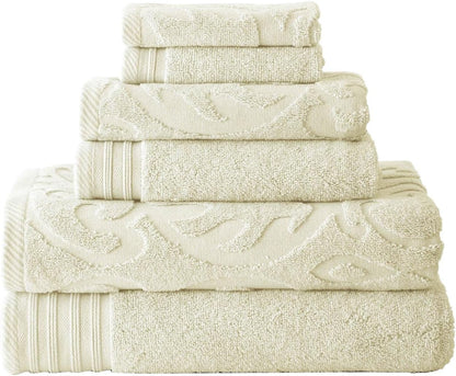 6 Set-Medallion Modern Threads Piece Jacquard/Solid Towel Swirl Ivory