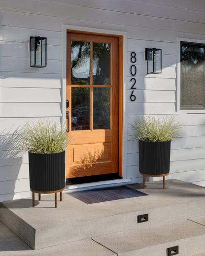 Veradek Demi Series Round Planter w/ Stand for Porch/Patio | Durable Plastic-Concrete & Wooden Stand | Modern Décor for Tall Plants, Flowers