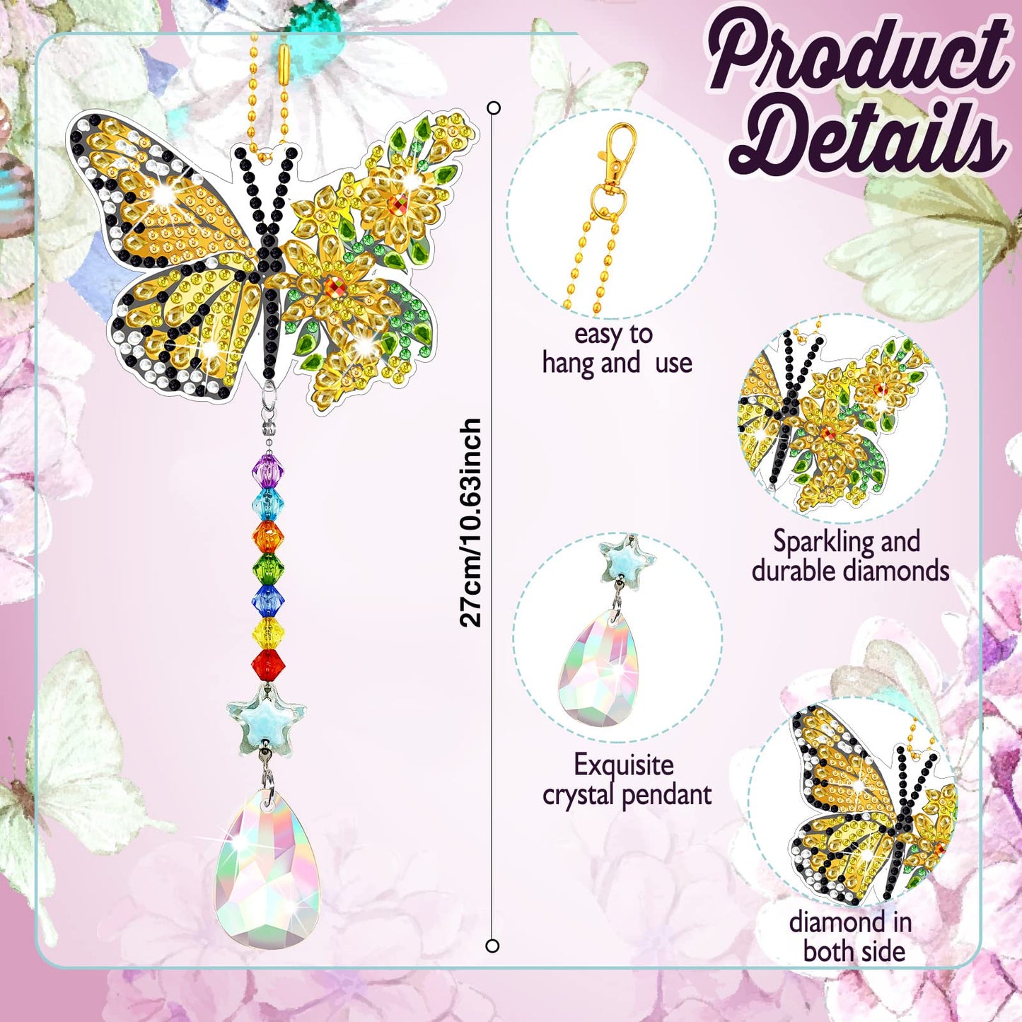 Tradder 6 Pcs Spring Butterfly Diamond Painting Wind Chimes Diamond Painting Suncatcher Art Kit Double Sided Butterfly Ornaments 5d Rhinestone for Spring Home Garden