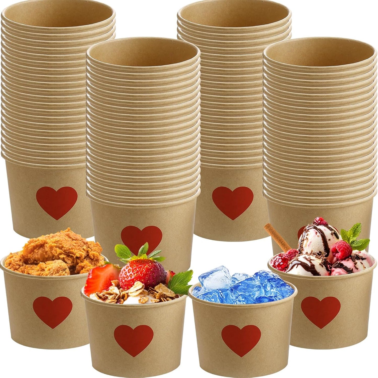 Hsei 60 16oz Pcs Valentine's Day Disposable Soup Bowls Heart Ice Cream Cups Snack Paper Bowls Dessert Sundae Yogurt