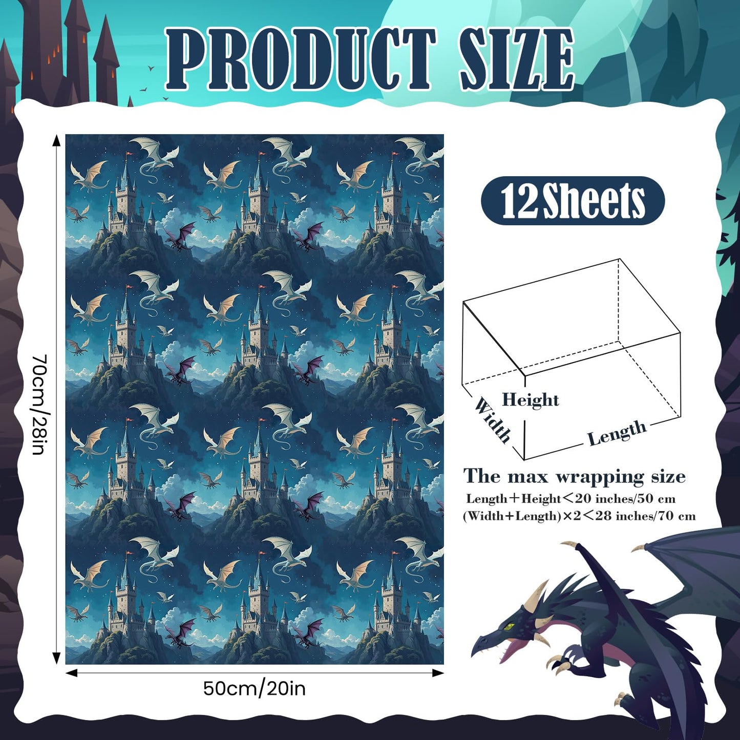 12 Sheets Magic Dragon Wrapping Papers, Cool Dragon Gift Wrap Papers with Castle Volcano, Fantasy Gift Packing Paper Art Paper for Boys Girls Birthday Baby Shower Magical Party Decor, 28 x 20IN