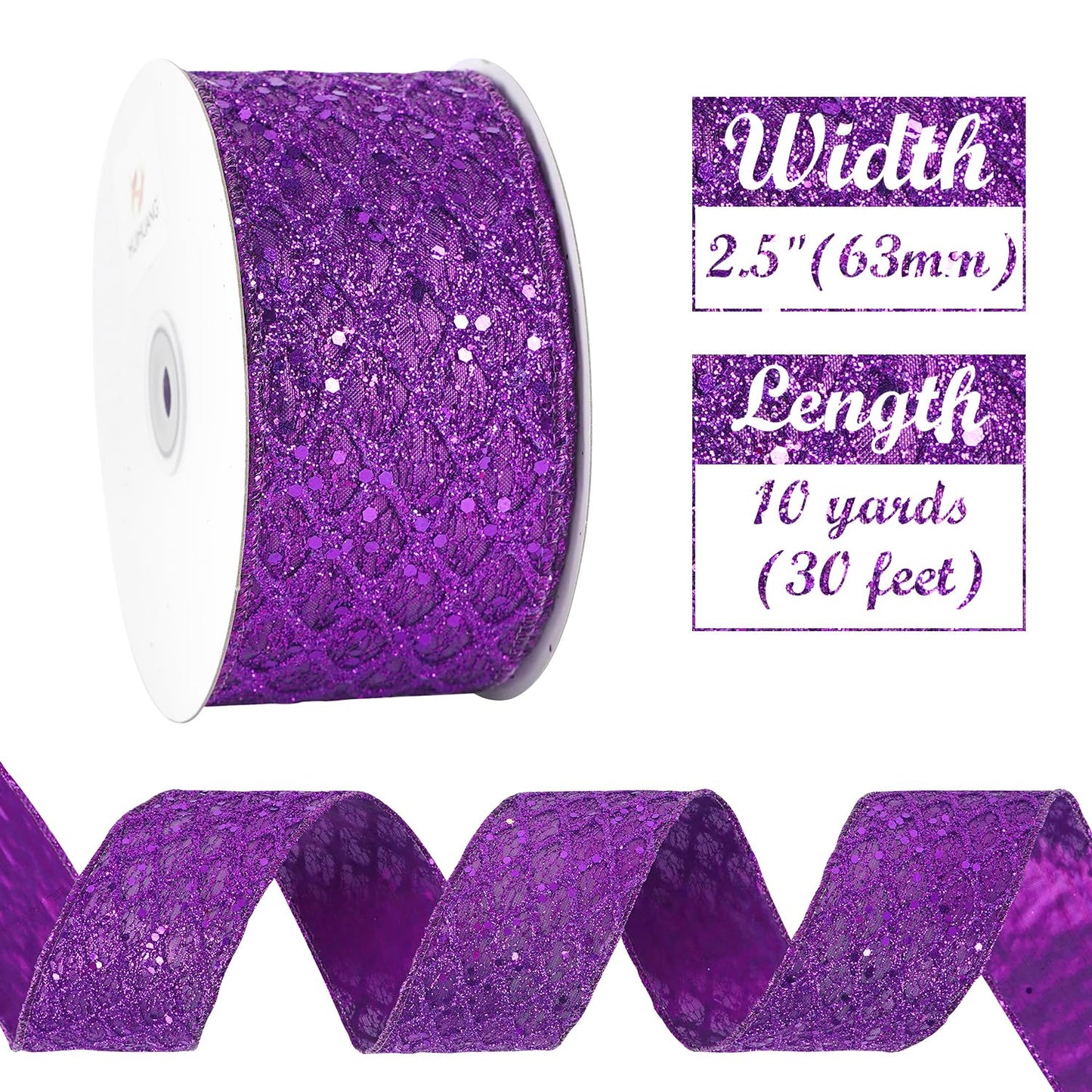 HUIHUANG Purple Wired Ribbon for Christmas Tree 2.5 inch Purple Glitter Diamond Mesh Ribbon for Tree Decoration, Wreaths, Garland, Gift Wrapping, Large Bows Making, Halloween Decor -10 Yards