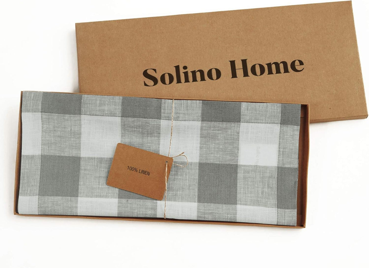 36 Inches 100% 14 36 Inch Summer Solino Home Linen Checkered Table Runner - Pure Linen Grey and White Buffalo Check