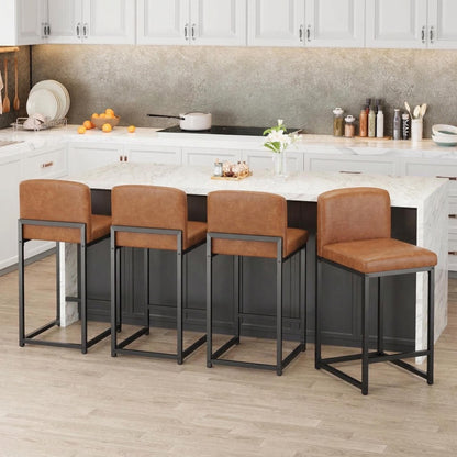 GarveeHome Bar Stools Set of 4, Modern Counter Height Bar Stools with Back and Footrest, Faux Leather Upholstered Barstools Chairs for Kitchen Island Dining Room Bar, Brown