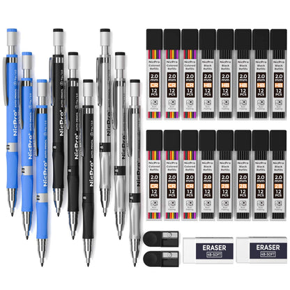 Nicpro 29 Pieces 2mm Mechanical Pencil Set, 9 PCS Drafting Carpenter Pencils 2.0 mm for Art Drawing Sketching construction with 192 Lead Refills Pre-Sharpen HB & 2B & Colors, 2 Erasers, 2 Sharpener