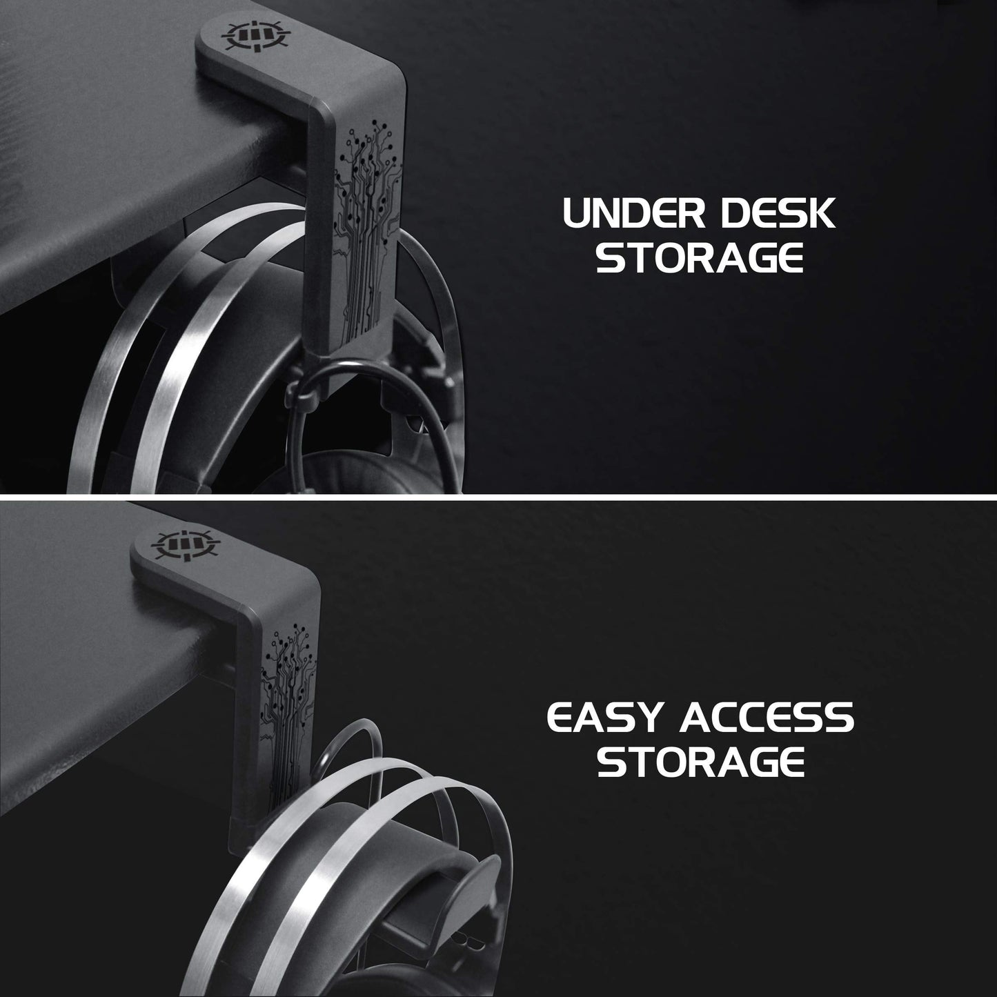 ENHANCE PC Gaming Headphone Holder - Desk Headphone Hanger Esports Headset Holder with Adjustable 360 Rotation, Under Desk Hook Clamp, Universal Fit - Built in Cable Clip Organizer - Black