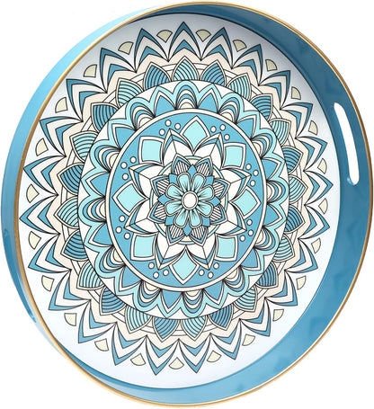 13 Round Cyan Decorative Tray for Coffee Table, Ottoman, Plastic Serving Platter Tray with Handles for Entertaining