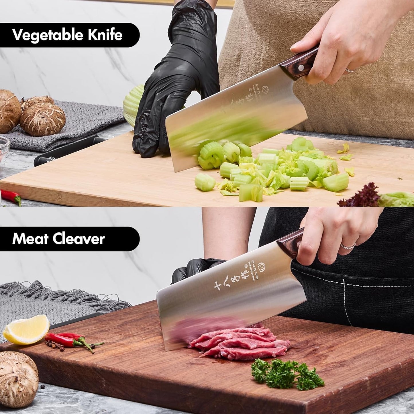 SHI BA ZI ZUO Chinese Meat Cleaver Knife - 6.7-Inch Stainless Steel Slicer with Wooden Handle