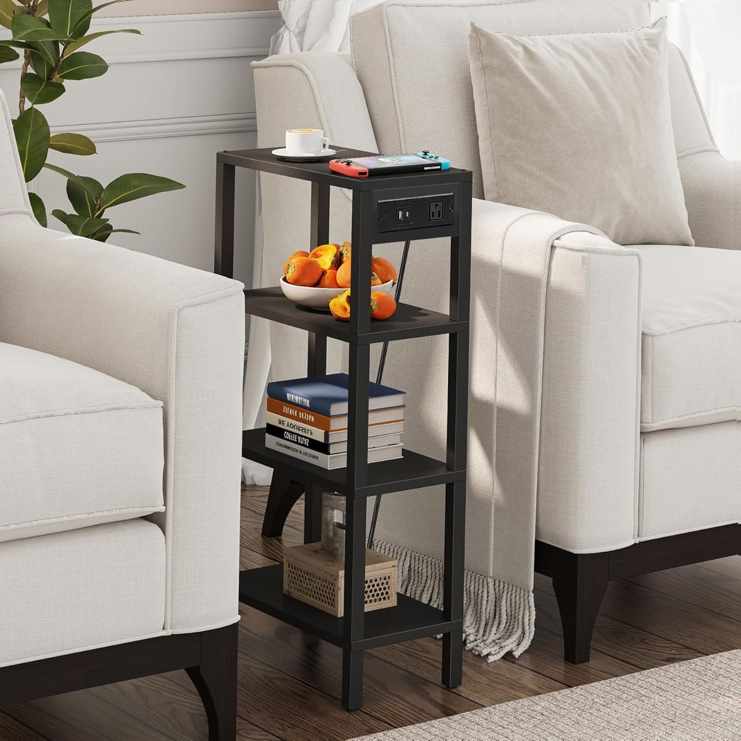 TB01BK080 TUTOTAK Narrow Side Table with Charging Station,Small End Table with USB Ports and Outlets, Skinny Sofa