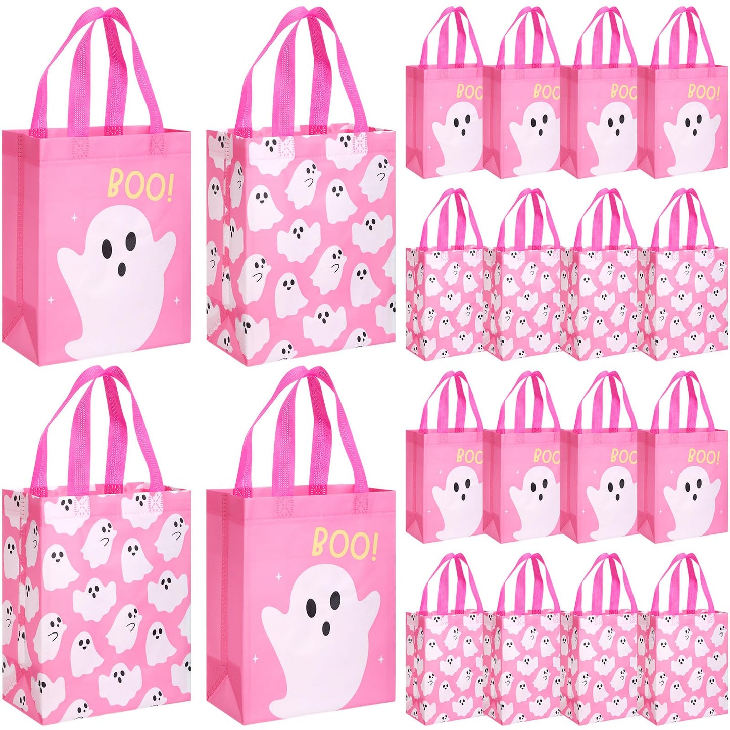 Wovnet 30 Pcs Halloween Party Favor Gift Bags Ghost Boo Pink Reusable Non Woven Goodie Treat Bags with Handle Horror Theme for Halloween Party Supplies 10 x 8 x 4in