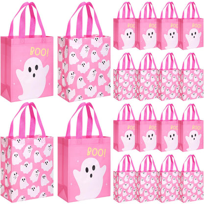 Wovnet 30 Pcs Halloween Party Favor Gift Bags Ghost Boo Pink Reusable Non Woven Goodie Treat Bags with Handle Horror Theme for Halloween Party Supplies 10 x 8 x 4in