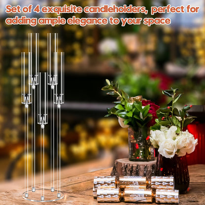 4 Set 5 Arm Acrylic Candle Holder, Mjkeomo 34.6'' Tall Candelabra Centerpieces for Tables Clear Candlesticks Holder with Lampshade for Housewarming Gift Fireplace Dinner Decor Fit 0.87'' LED Candle