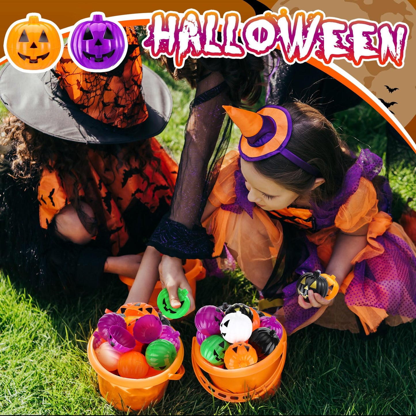 Lallisa 120 Pcs Halloween Pumpkin Containers Plastic Storage Box Case Bulk, Mini Pumpkin Egg Candy Gift Bucket for Halloween Trick Treat Decoration Party Supplies(Black, Orange, White, Purple, Green)