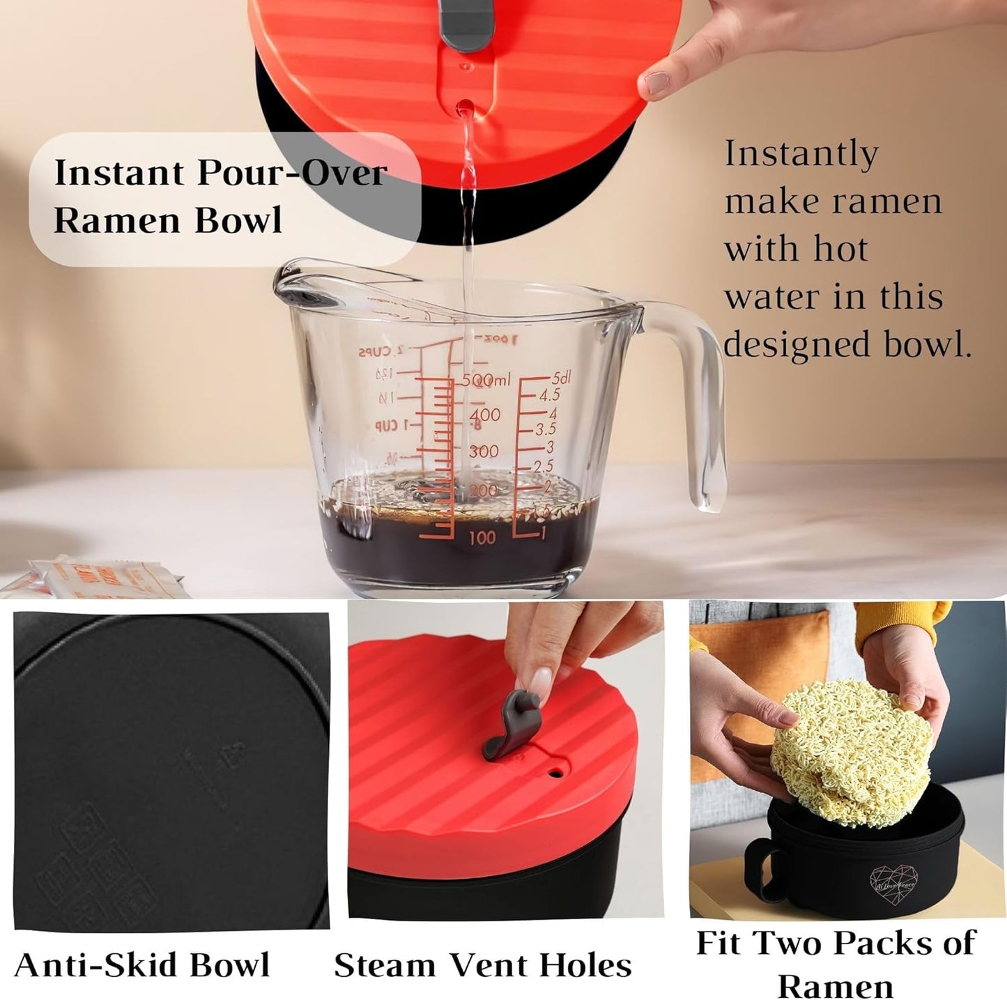 AI LOVE PEACE Ramen Bowl, Large 40 oz Microwave Ramen Cooker, Portable Noodle Bowl for Home Office Dorm Room