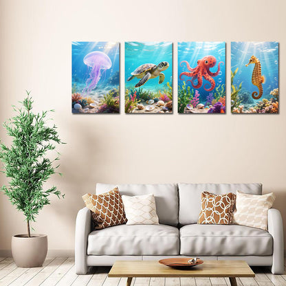 Muzagroo Art 4 Pcs Paint by Numbers Kits for Adults Framed Canvas with Wooden Easel DIY Sea Turtle Acrylic Oil Paintings Kits Paint by Numbers on Canvas Wall Art (8x12 inch)
