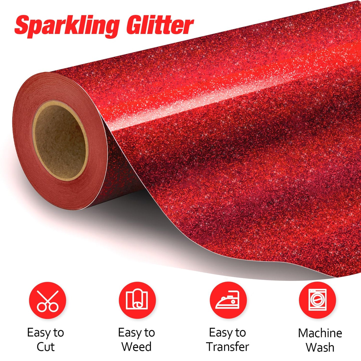 VinylRus Red Glitter HTV Heat Transfer Vinyl Roll-12 x 10ft Red Glitter HTV Vinyl for T-Shirt Clothing Bags,Glitter Iron on Vinyl for All Cutter Machine - Easy to Cut and Weed