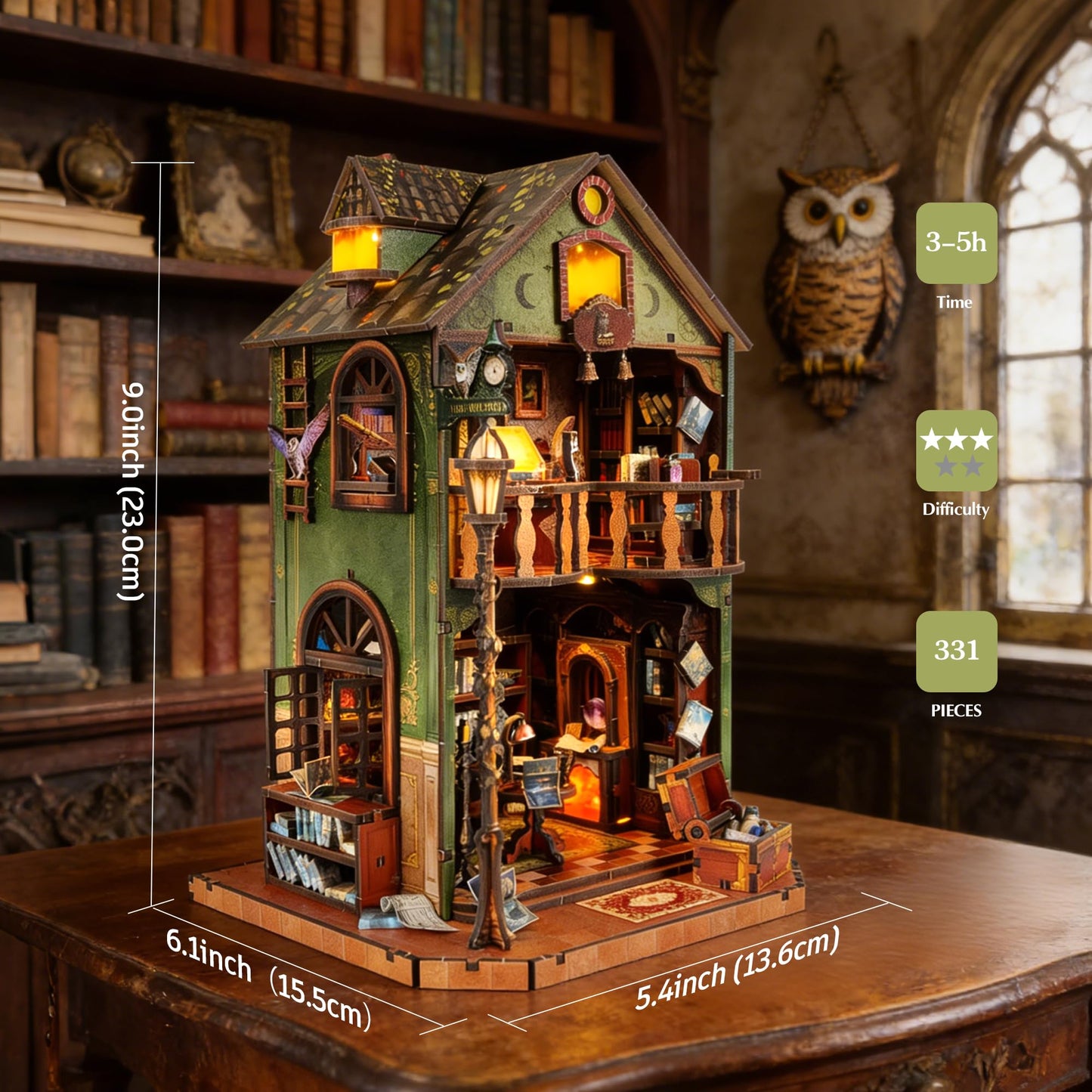 DIY Book Nook Kit | Miniature House Kit with LED Lights | 3D Wooden Puzzles for Adults & Teens | Creative Model Building Kit | Unique Bookshelf Decor & Gift for Craft Lovers | Owl Library
