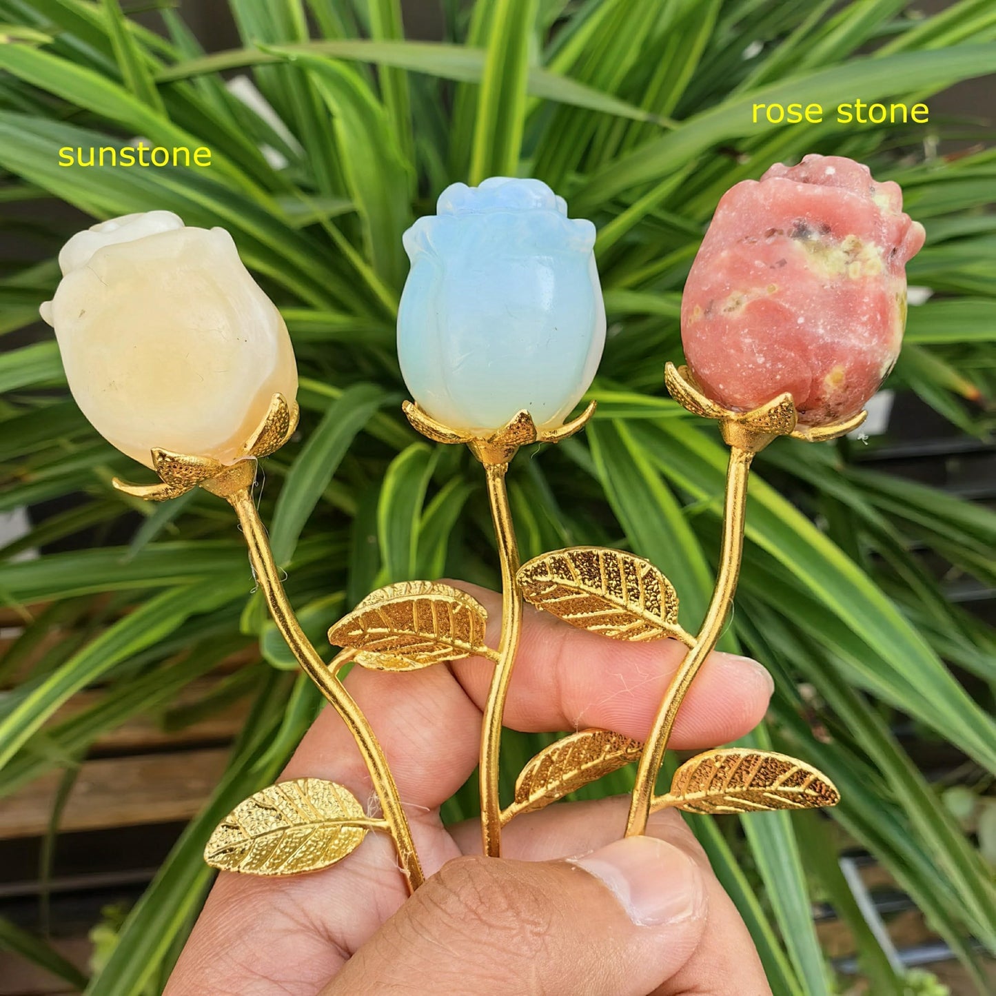 Crystal Rose Gemstone Flower Jewelry Carved Home Decoration,Reiki Heal,Girlfriend Gift,Mom's Gift,Valentines Gift (Golden stem,2piece Sodalite)