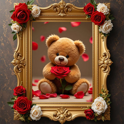 AUKVLZS Diamond Art Kits for Adults Teddy Bear Red Rose Petals Cute Diamond Painting Kits for Adults Beginner, 12x16 in Frameless Diamond Painting Kit for Home Wall Decor