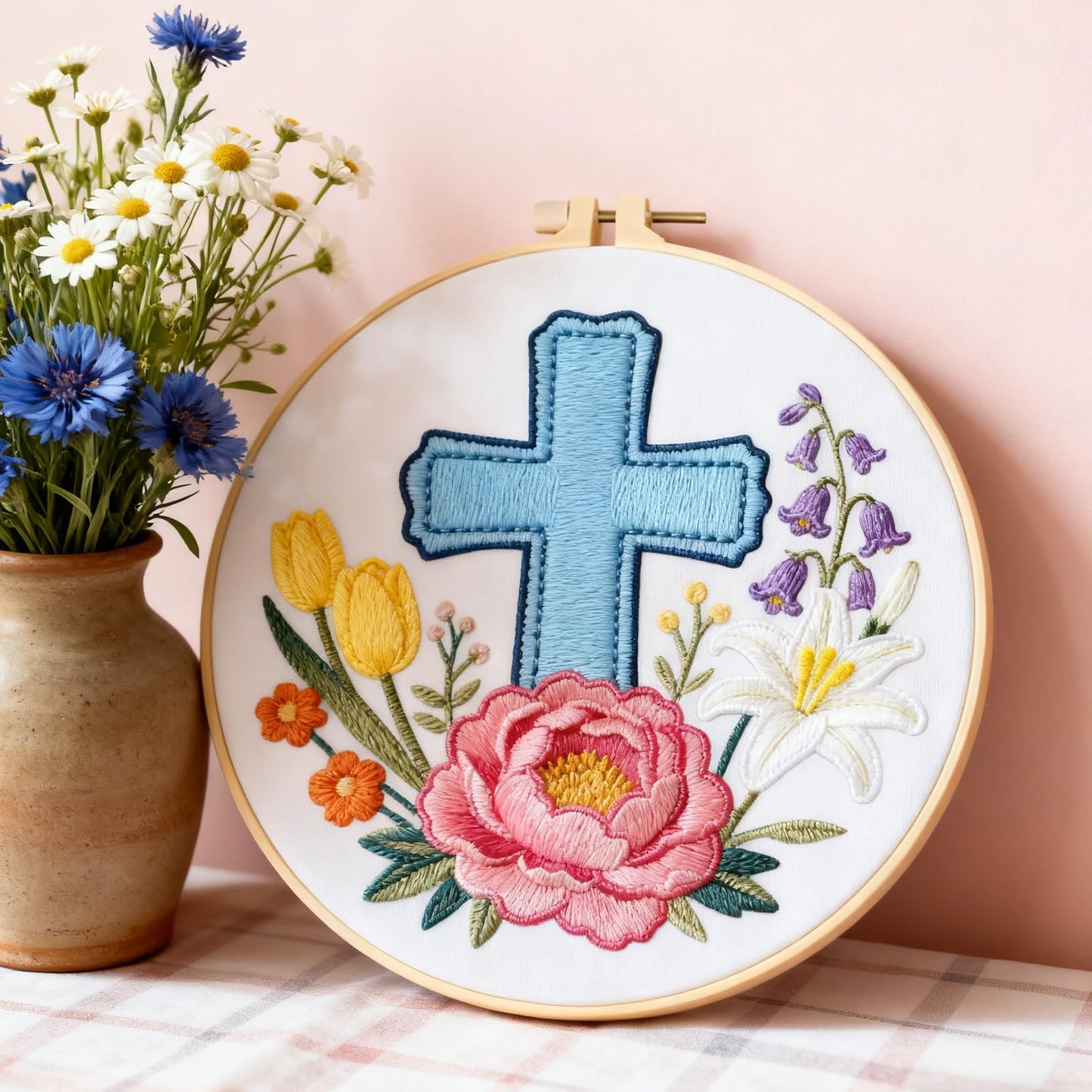 BEUNITONE Cross and Flowers Embroidery Kit for Beginners, DIY Stamped Needlepoint Craft with 4 Easy Patterns, Complete Starter Set for Relaxing Mindfulness Art and Creative Gift for Adults