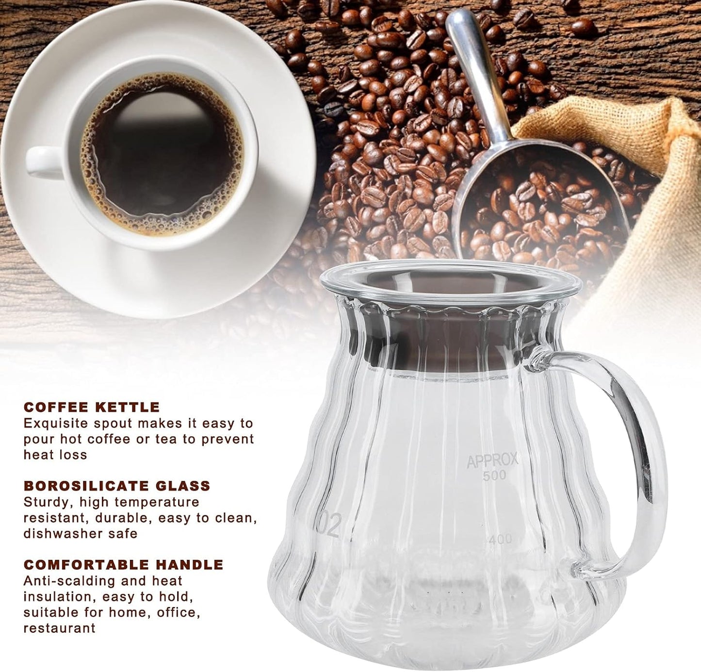 Fdit High Borosilicate Glass Coffee Pot, Exquisite Kettle with Rubber Cover, Coffee Maker for Home, Hotel, Office (1#)